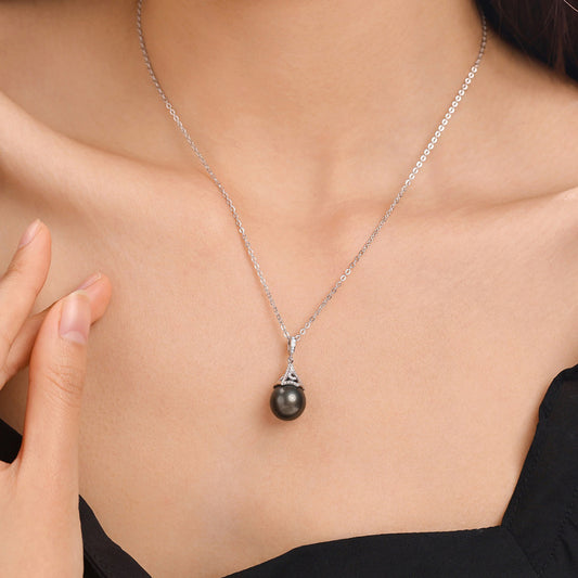 Tahitian Black Saltwater Raindrop Pearl Pendant S925 Silver Moissanite Necklace