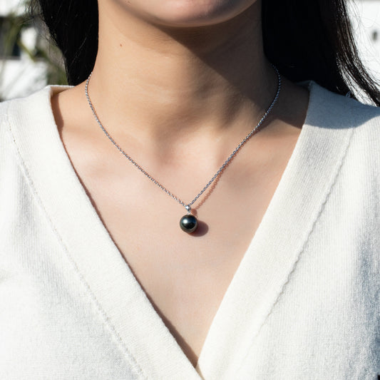 Simple Design Natural Real Tahitian Black Saltwater Pearl Pendant S925 Silver Necklace