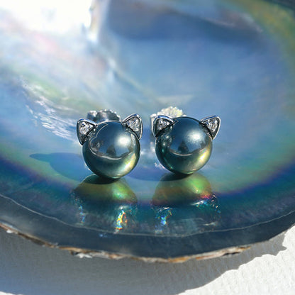 Tahitian Saltwater Real Black Pearl Cat Shape Ear Stud Nail S925 Silver Moissanite Earrings