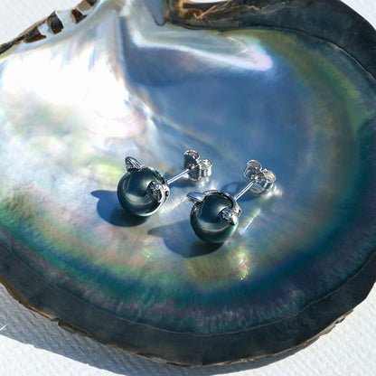 Tahitian Saltwater Real Black Pearl Cat Shape Ear Stud Nail S925 Silver Moissanite Earrings