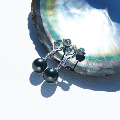 Tahitian Saltwater Real Black Pearl Ear Stud Nail S925 Silver Moissanite Earrings