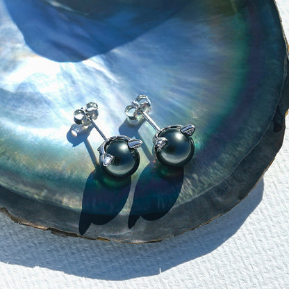 Tahitian Saltwater Real Black Pearl Cat Shape Ear Stud Nail S925 Silver Moissanite Earrings