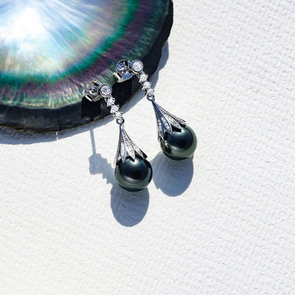 Tahitian Saltwater Real Black Pearl Ear Stud Nail Flower Shape S925 Silver 18K Gold Moissanite Earrings