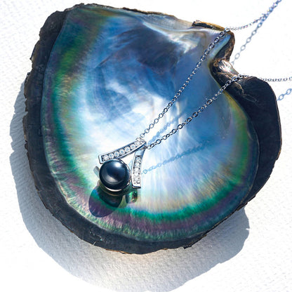Real Tahitian Black Saltwater Pearl Pendant S925 Silver Moissanite Necklace