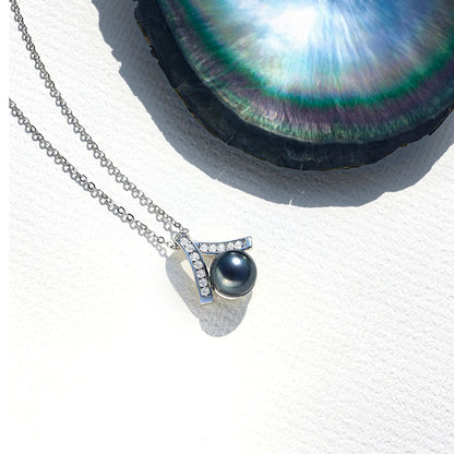 Real Tahitian Black Saltwater Pearl Pendant S925 Silver Moissanite Necklace