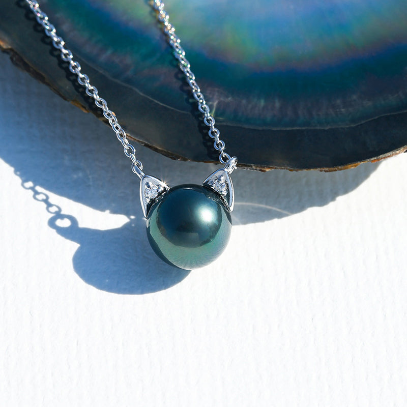 Tahitian Saltwater Real Black Pearl Cat Shape Pendant S925 Silver Moissanite Necklace