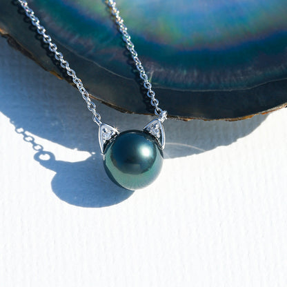 Tahitian Saltwater Real Black Pearl Cat Shape Pendant S925 Silver Moissanite Necklace
