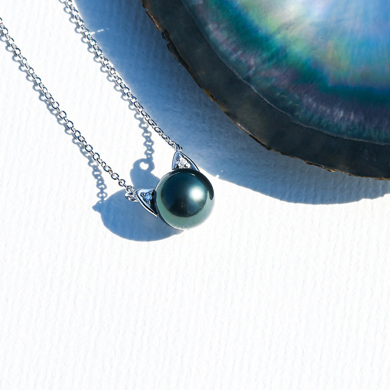 Tahitian Saltwater Real Black Pearl Cat Shape Pendant S925 Silver Moissanite Necklace