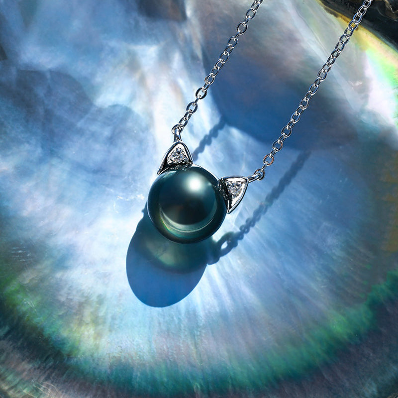 Tahitian Saltwater Real Black Pearl Cat Shape Pendant S925 Silver Moissanite Necklace
