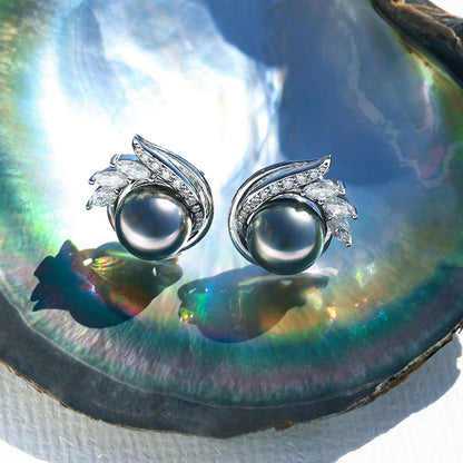 Tahitian Saltwater Real Black Pearl Ear Stud Flower Shape S925 Silver 18K Gold Moissanite Earrings