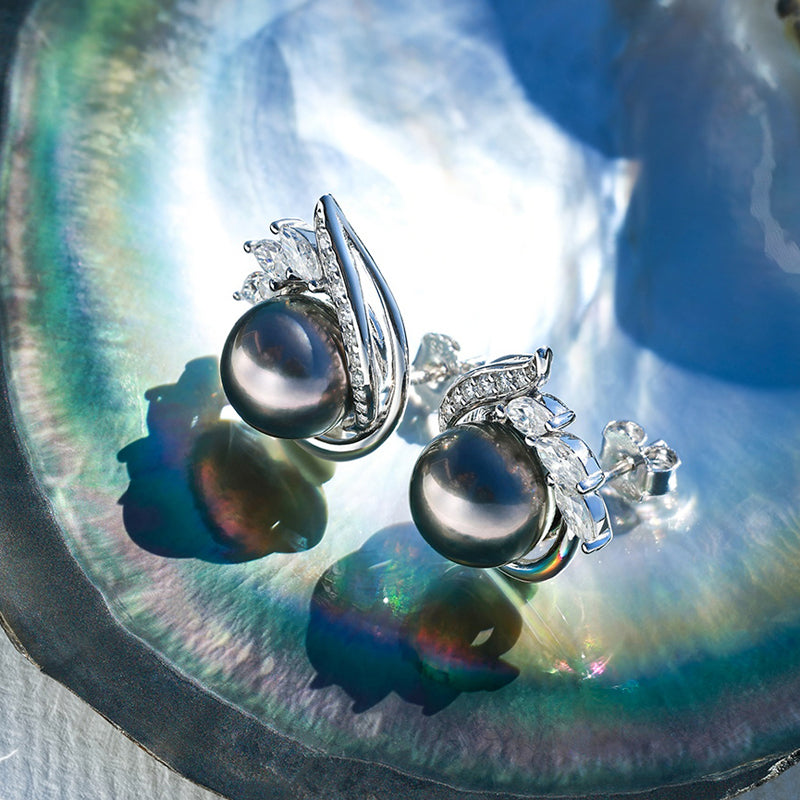 Tahitian Saltwater Real Black Pearl Ear Stud Flower Shape S925 Silver 18K Gold Moissanite Earrings