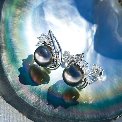 Tahitian Saltwater Real Black Pearl Ear Stud Flower Shape S925 Silver 18K Gold Moissanite Earrings
