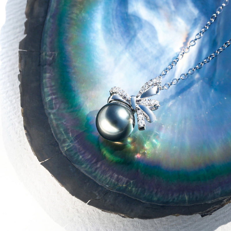 Saltwater Black Pearl Tahitian Cultured Bowknot Pendant S925 Silver Moissanite Necklace