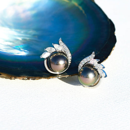 Tahitian Saltwater Real Black Pearl Ear Stud Flower Shape S925 Silver 18K Gold Moissanite Earrings