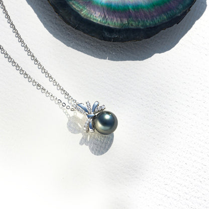 Saltwater Black Pearl Tahitian Cultured Bowknot Pendant S925 Silver Moissanite Necklace