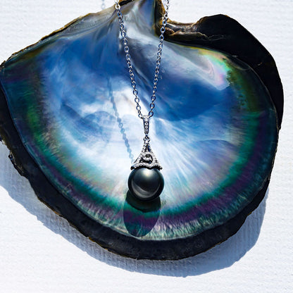 Tahitian Black Saltwater Raindrop Pearl Pendant S925 Silver Moissanite Necklace