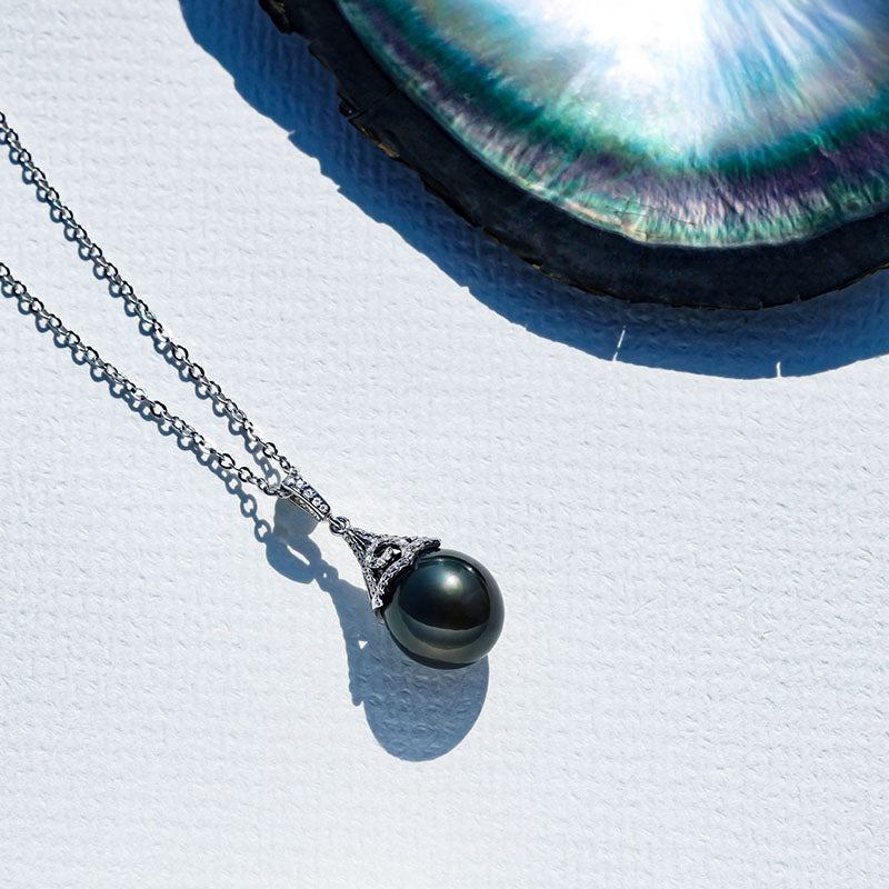 Tahitian Black Saltwater Raindrop Pearl Pendant S925 Silver Moissanite Necklace