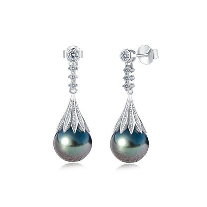 Tahitian Saltwater Real Black Pearl Ear Stud Nail Flower Shape S925 Silver 18K Gold Moissanite Earrings
