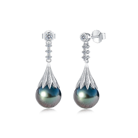 Tahitian Saltwater Real Black Pearl Ear Stud Nail Flower Shape S925 Silver 18K Gold Moissanite Earrings