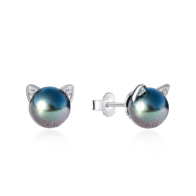 Tahitian Saltwater Real Black Pearl Cat Shape Ear Stud Nail S925 Silver Moissanite Earrings