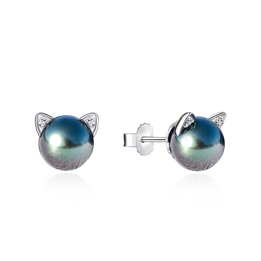 Tahitian Saltwater Real Black Pearl Cat Shape Ear Stud Nail S925 Silver Moissanite Earrings