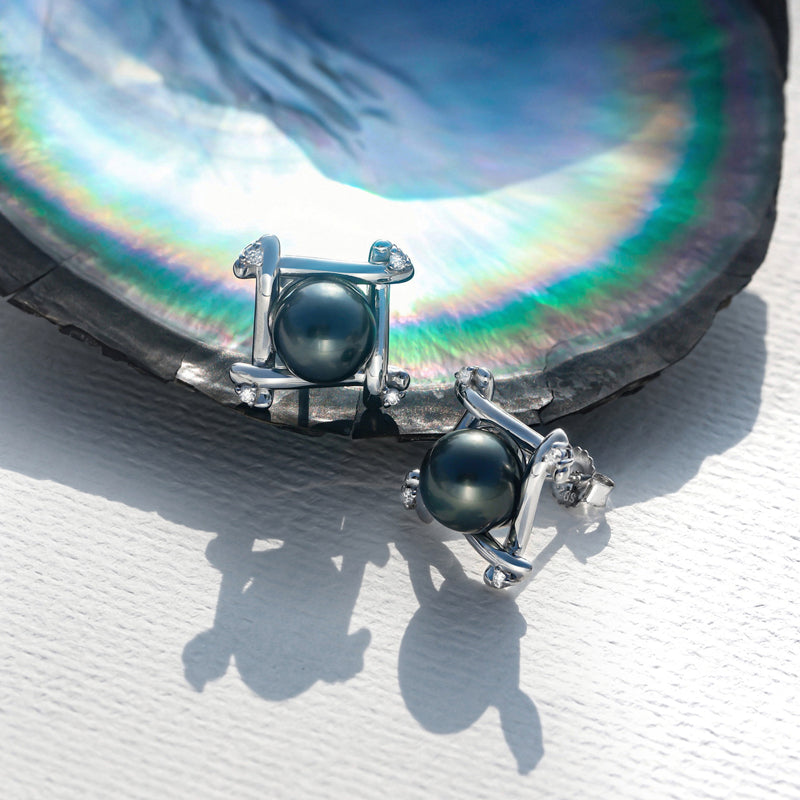 Tahitian Saltwater Real Black Pearl Ear Stud Nail S925 Silver Moissanite Earrings
