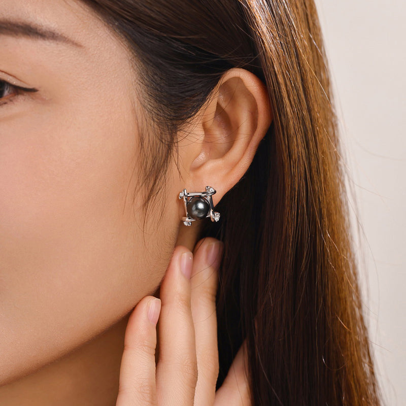 Tahitian Saltwater Real Black Pearl Ear Stud Nail S925 Silver Moissanite Earrings
