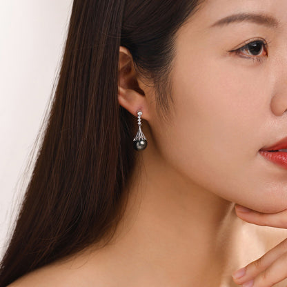 Tahitian Saltwater Real Black Pearl Ear Stud Nail Flower Shape S925 Silver 18K Gold Moissanite Earrings