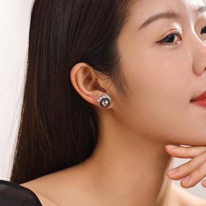Tahitian Saltwater Real Black Pearl Ear Stud Flower Shape S925 Silver 18K Gold Moissanite Earrings