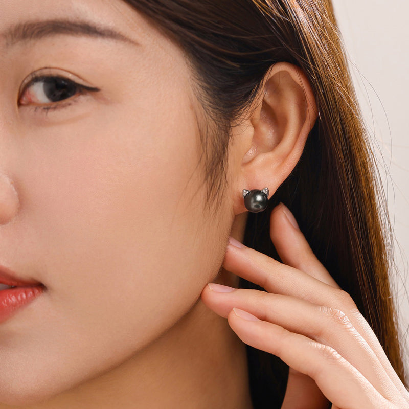 Tahitian Saltwater Real Black Pearl Cat Shape Ear Stud Nail S925 Silver Moissanite Earrings