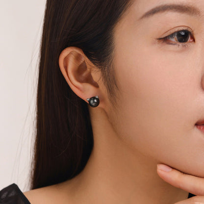Tahitian Saltwater Real Black Pearl Cat Shape Ear Stud Nail S925 Silver Moissanite Earrings