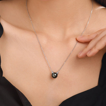 Tahitian Saltwater Real Black Pearl Cat Shape Pendant S925 Silver Moissanite Necklace