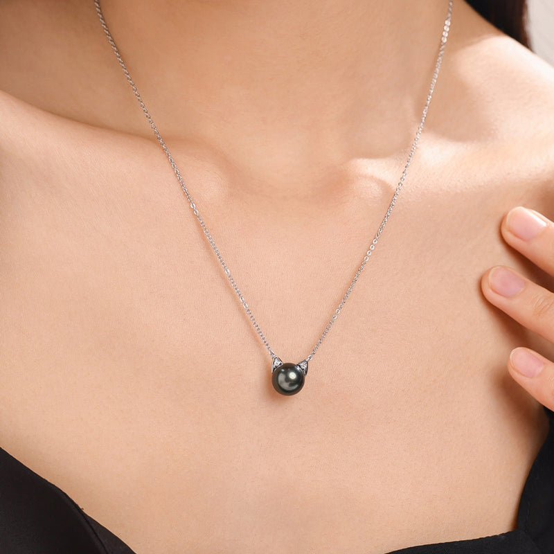 Tahitian Saltwater Real Black Pearl Cat Shape Pendant S925 Silver Moissanite Necklace