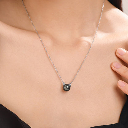Tahitian Saltwater Real Black Pearl Cat Shape Pendant S925 Silver Moissanite Necklace