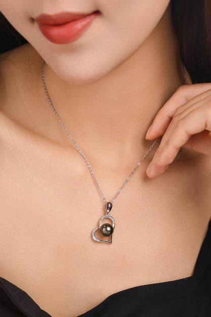 Tahitian Real Black Saltwater Pearl Heart Shape Pendant S925 Silver Moissanite Necklace