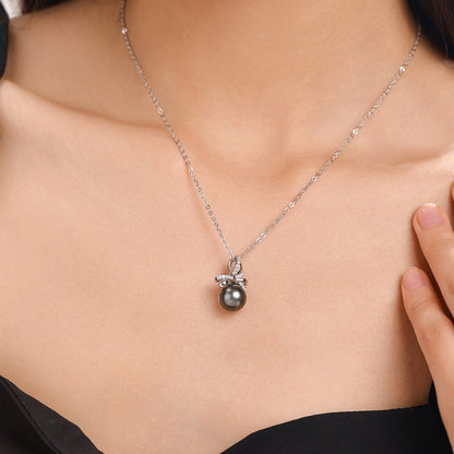 Saltwater Black Pearl Tahitian Cultured Bowknot Pendant S925 Silver Moissanite Necklace