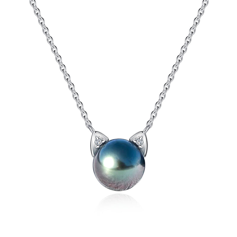 Tahitian Saltwater Real Black Pearl Cat Shape Pendant S925 Silver Moissanite Necklace