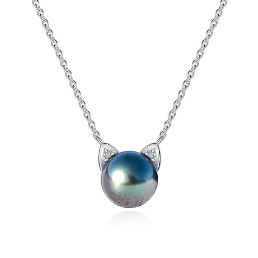 Tahitian Saltwater Real Black Pearl Cat Shape Pendant S925 Silver Moissanite Necklace