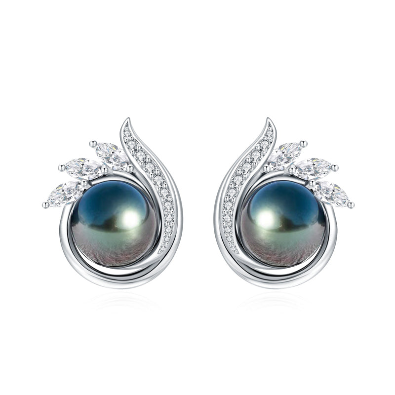 Tahitian Saltwater Real Black Pearl Ear Stud Flower Shape S925 Silver 18K Gold Moissanite Earrings