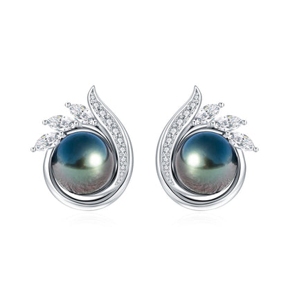 Tahitian Saltwater Real Black Pearl Ear Stud Flower Shape S925 Silver 18K Gold Moissanite Earrings