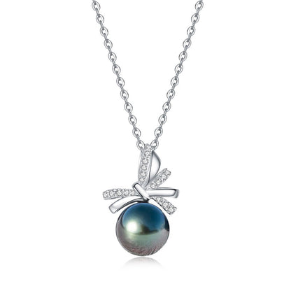 Saltwater Black Pearl Tahitian Cultured Bowknot Pendant S925 Silver Moissanite Necklace