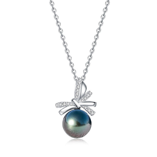 Saltwater Black Pearl Tahitian Cultured Bowknot Pendant S925 Silver Moissanite Necklace