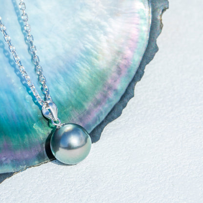 Simple Design Natural Real Tahitian Black Saltwater Pearl Pendant S925 Silver Necklace