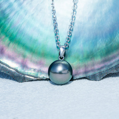 Simple Design Natural Real Tahitian Black Saltwater Pearl Pendant S925 Silver Necklace