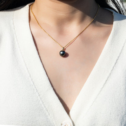 Simple Design Natural Real Tahitian Black Saltwater Pearl Pendant S925 Silver Necklace