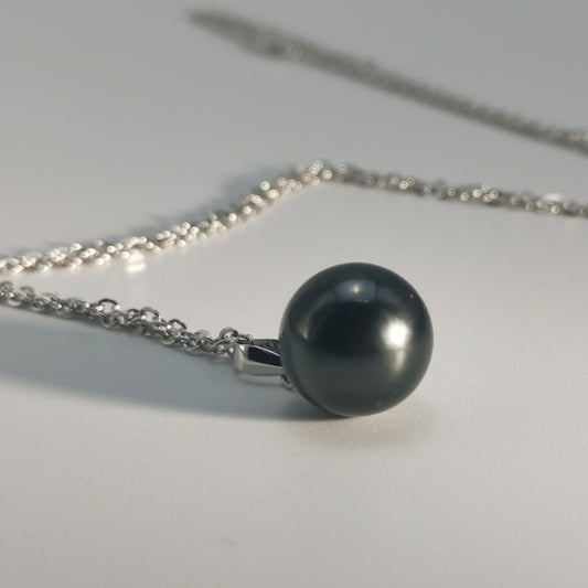 Simple Design Natural Real Tahitian Black Saltwater Pearl Pendant S925 Silver Necklace