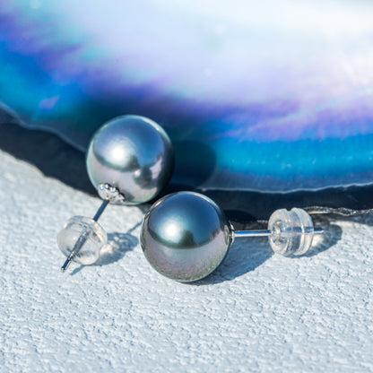 Simple Design Natural Real Tahitian Black Saltwater Pearl Earring 18K Platinum