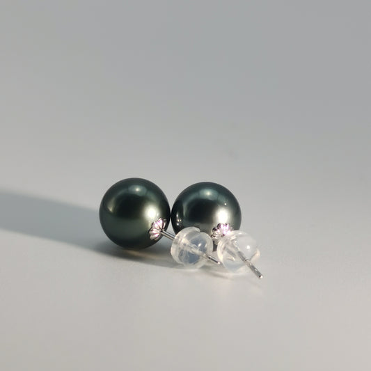 Simple Design Natural Real Tahitian Black Saltwater Pearl Earring 18K Platinum