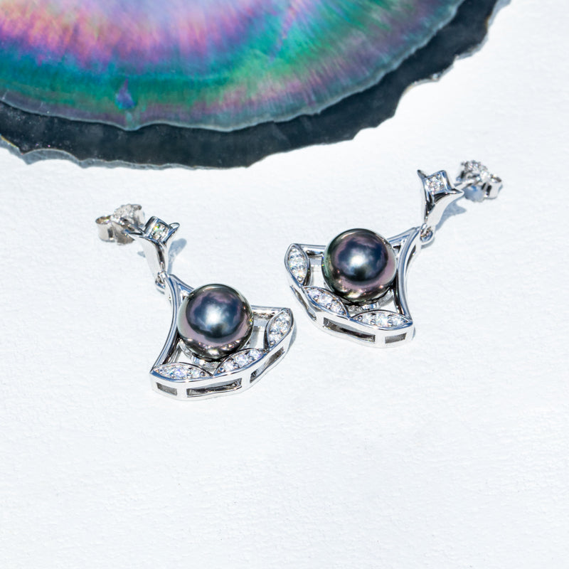 Tahitian Saltwater Real Black Pearl Ear Stud Nail Princess Shape S925 Silver Moissanite Earrings