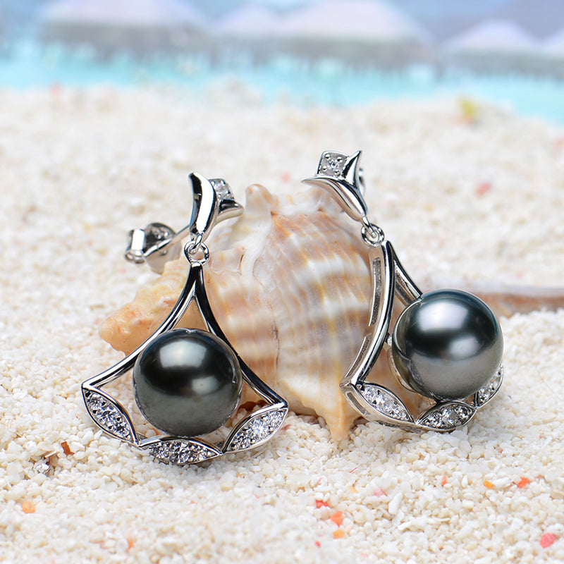 Tahitian Saltwater Real Black Pearl Ear Stud Nail Princess Shape S925 Silver Moissanite Earrings